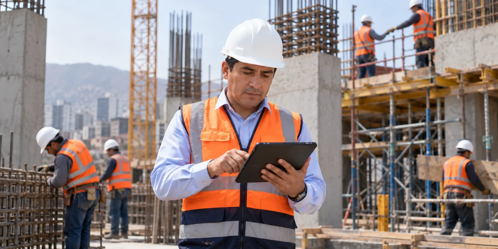 Residente de obra anotando una incidencia en una tablet al pie de la estructura, con la cuadrilla trabajando detrás.