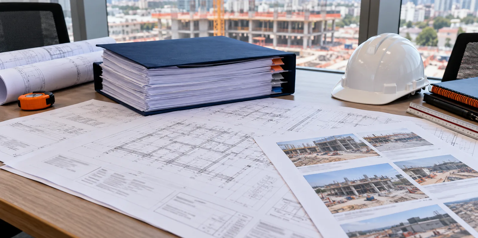 Expediente de adicional de obra con planos y sustento fotográfico desplegado sobre la mesa.