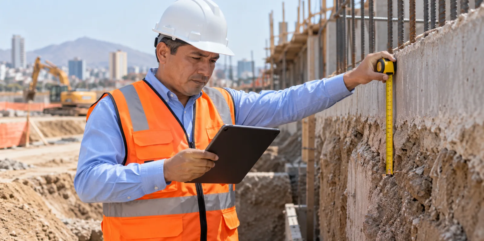 Ingeniero midiendo un trabajo no previsto y registrándolo en su tablet en el frente de obra.