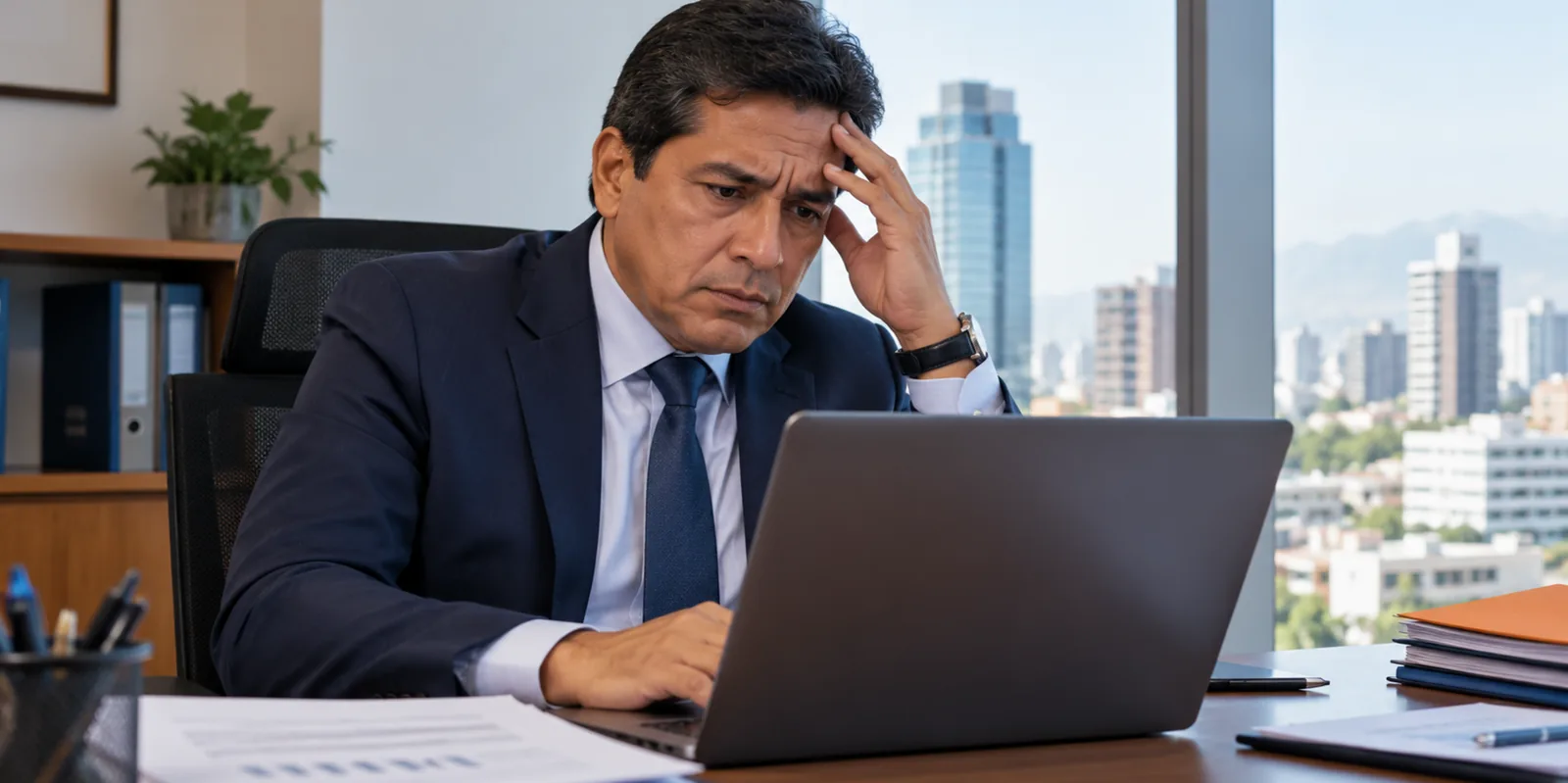 Gerente revisando con preocupación una notificación bancaria en la pantalla de su oficina.