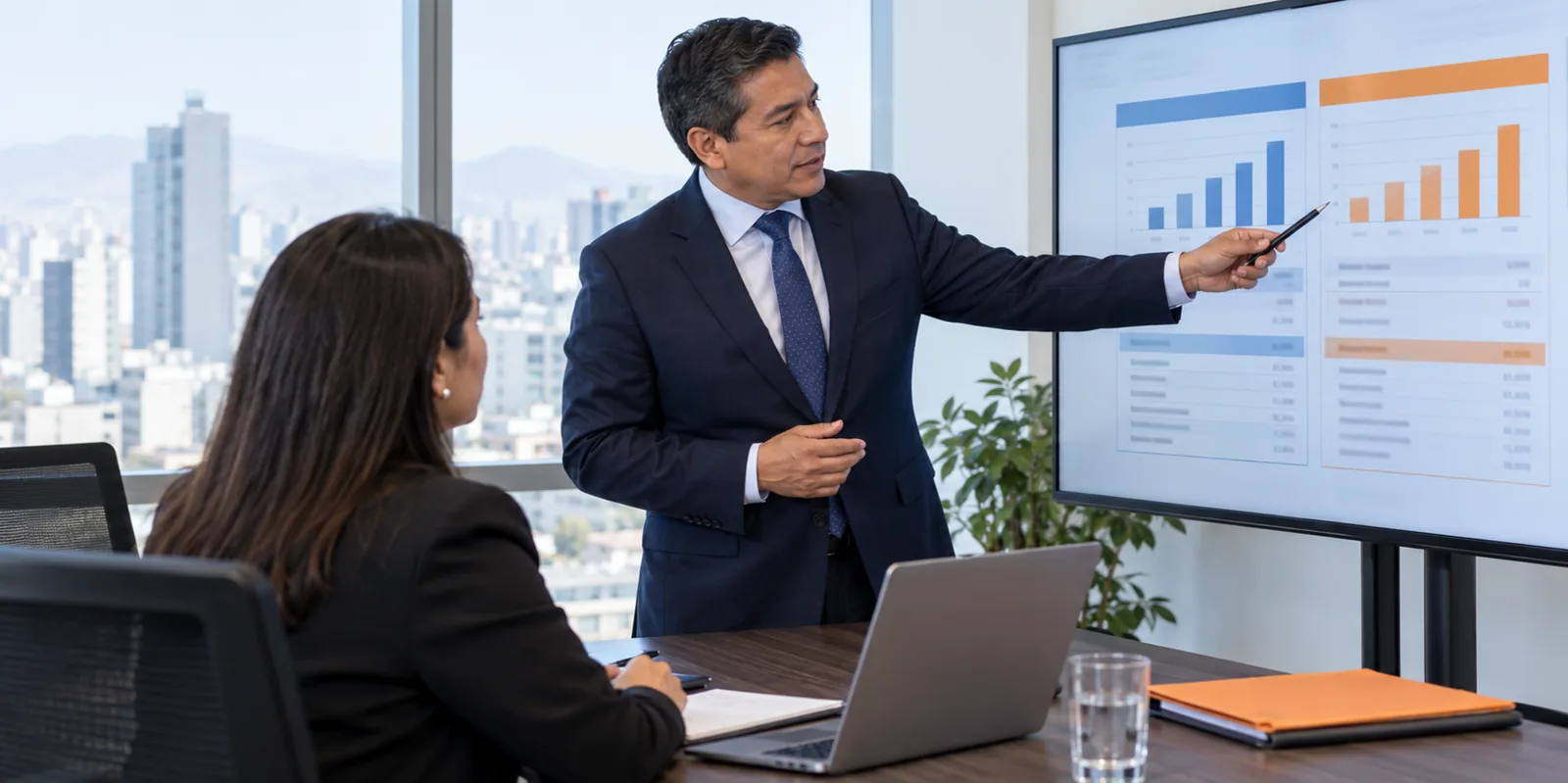 Asesor señalando un cuadro comparativo de dos opciones financieras en la pantalla.