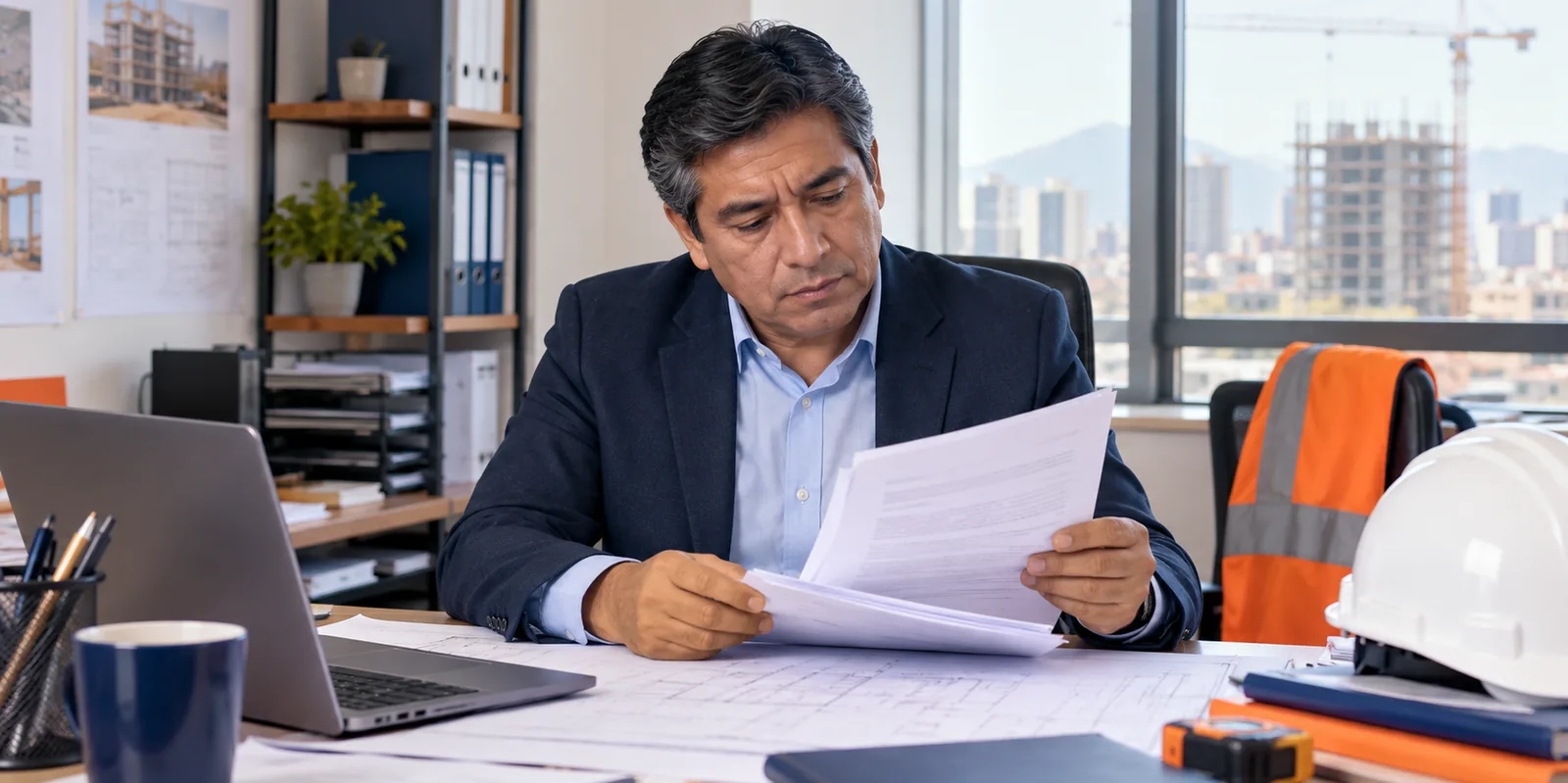 Empresario de una MYPE constructora revisando el texto de la nueva ley en su oficina pequeña.