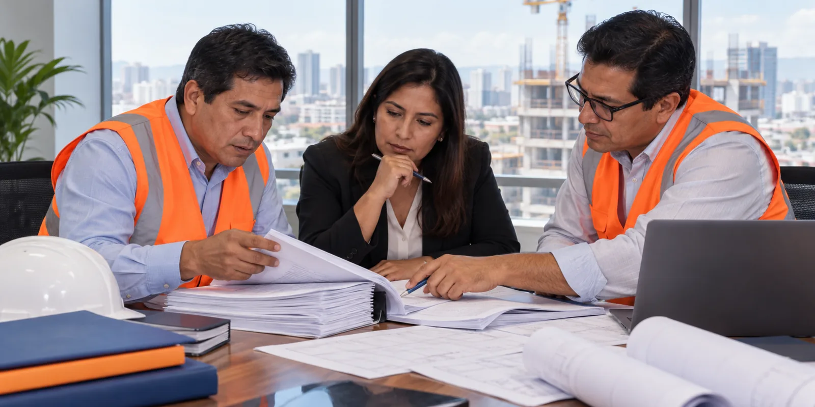 Equipo reducido de una constructora familiar revisando las bases de una licitación.