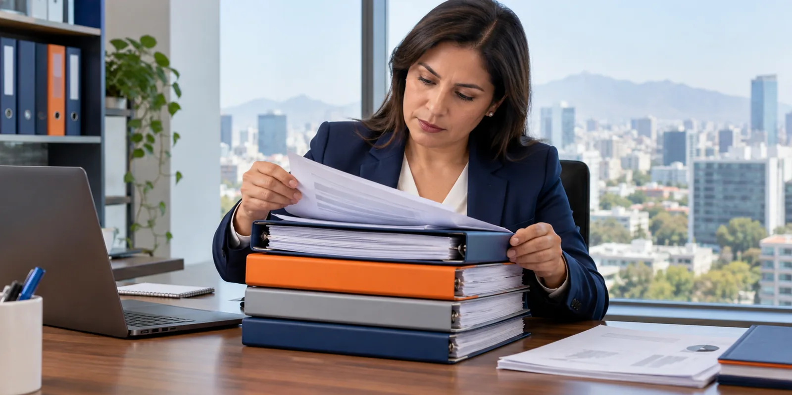 Analista de una aseguradora revisando cuatro legajos de empresas distintas apilados en su escritorio.