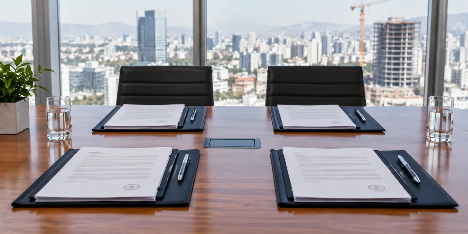 Mesa de reuniones con cuatro juegos de documentos, uno por cada socio del consorcio.