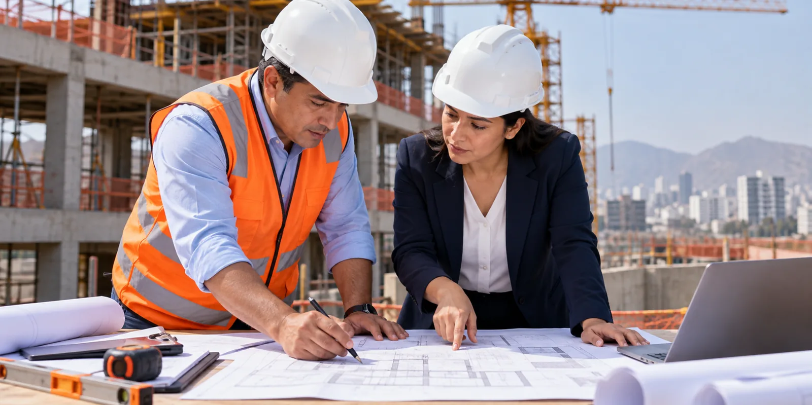 Proyectista y constructor trabajando sobre el mismo plano en una mesa de obra.