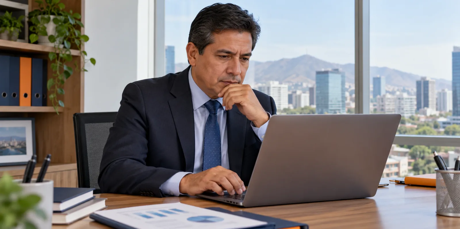 Ejecutivo revisando su propio reporte crediticio en una laptop, en su oficina.