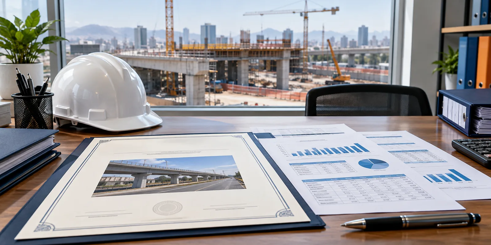 Constancia de obras ejecutadas junto a estados financieros sobre el mismo escritorio.