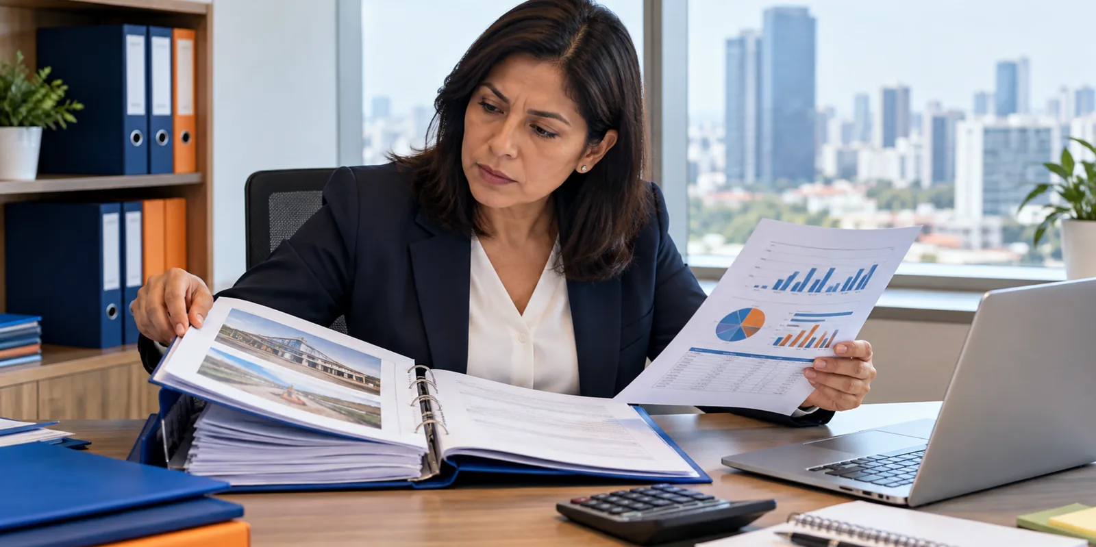 Analista comparando la carpeta de experiencia técnica con los indicadores financieros.