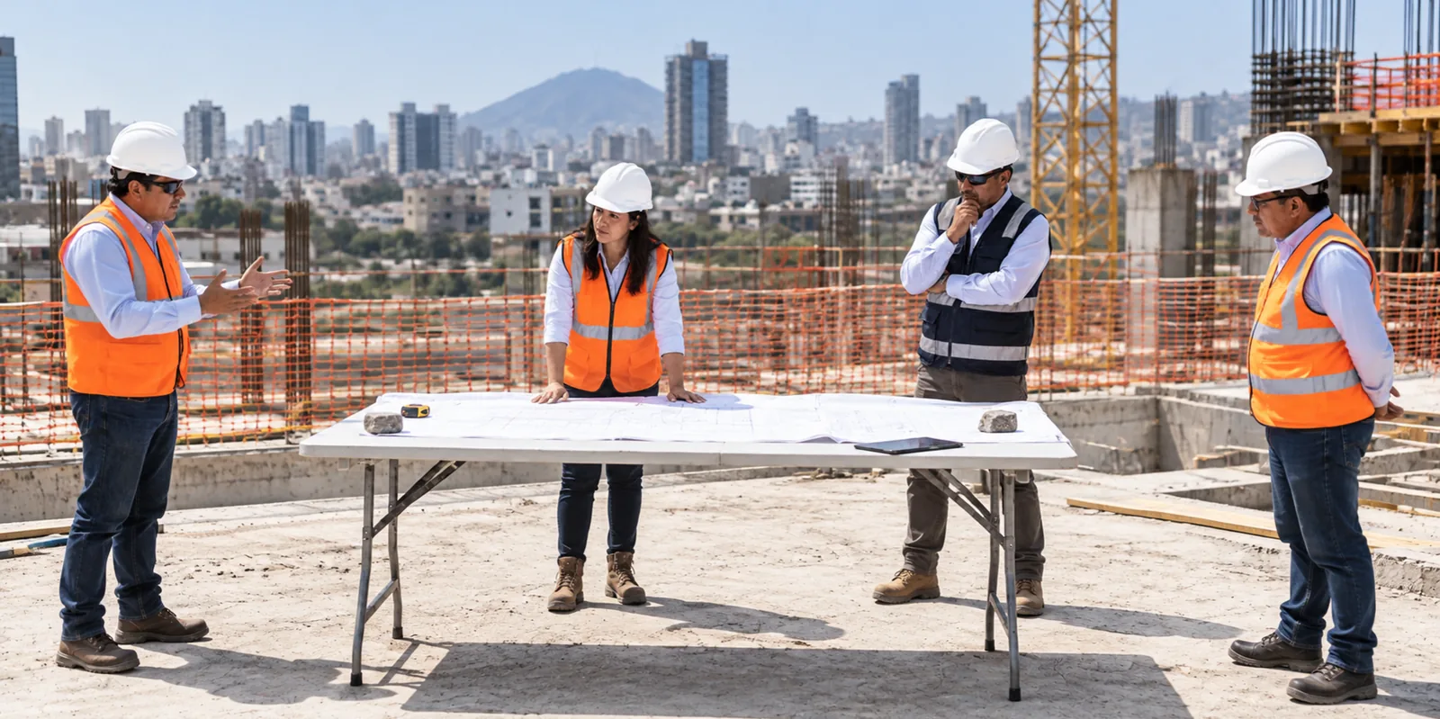 Reunión de obra al aire libre con distanciamiento, planos sobre una mesa plegable.