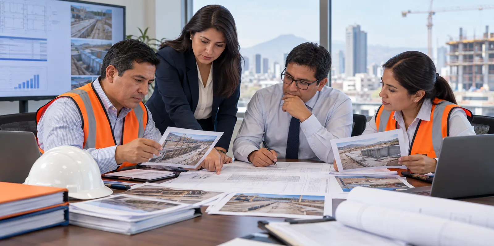 Equipo del consorcio armando el sustento de un adicional con fotografías y planos.