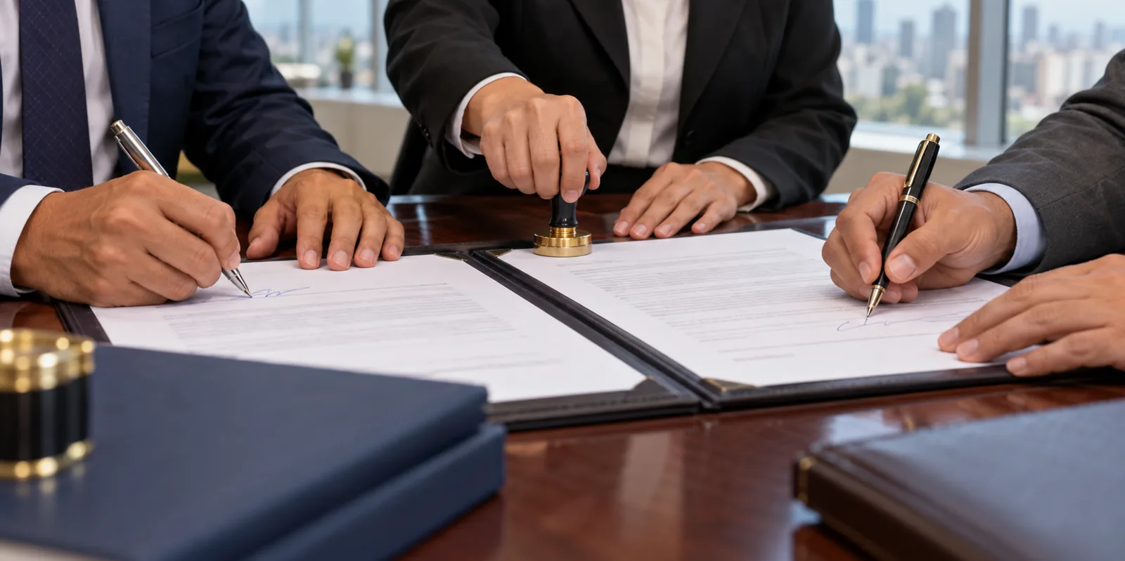 Firma de una adenda al contrato de consorcio ante notario, primer plano de las manos.
