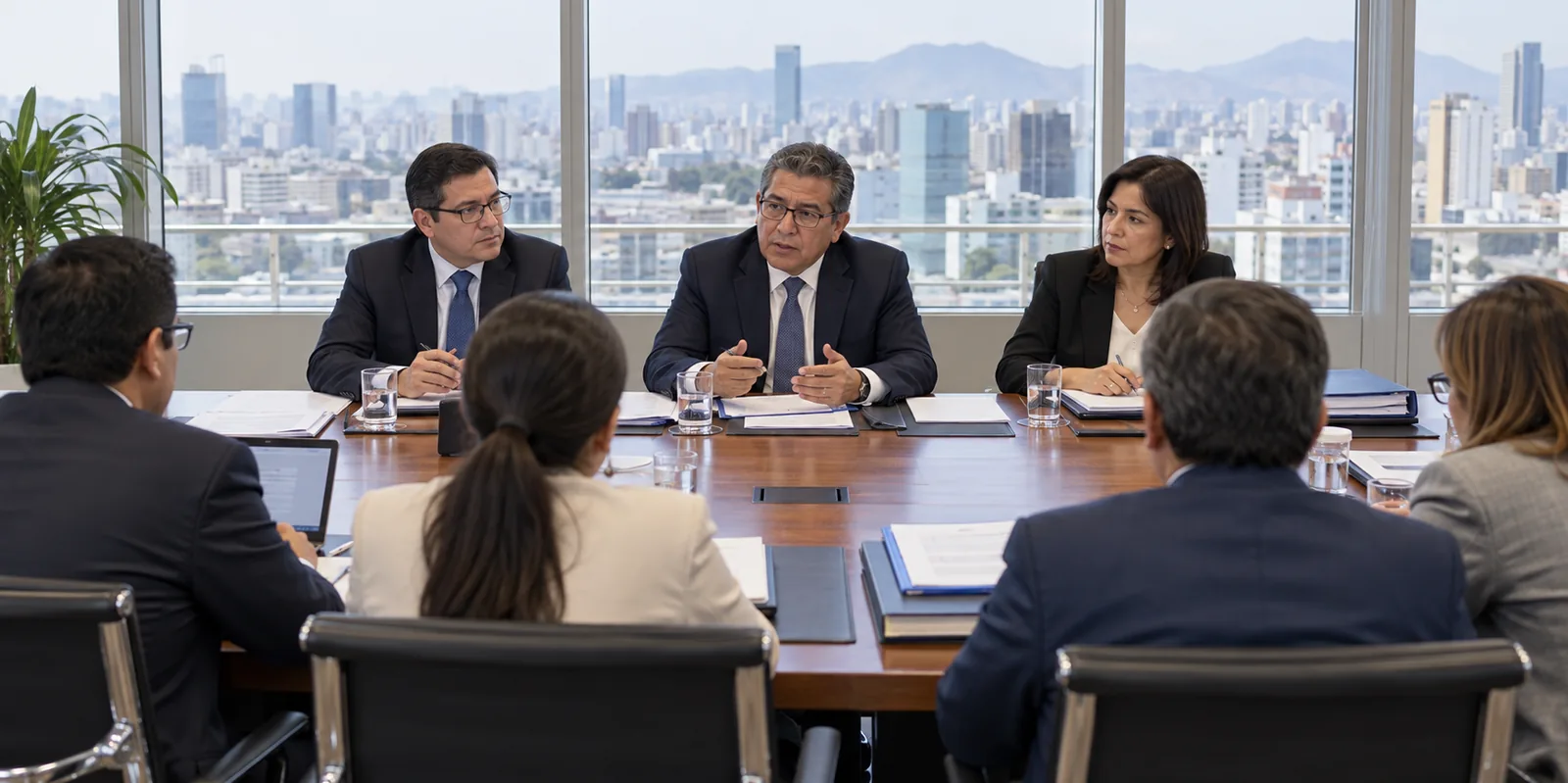 Audiencia arbitral: mesa larga con tres árbitros de un lado y las partes del otro.