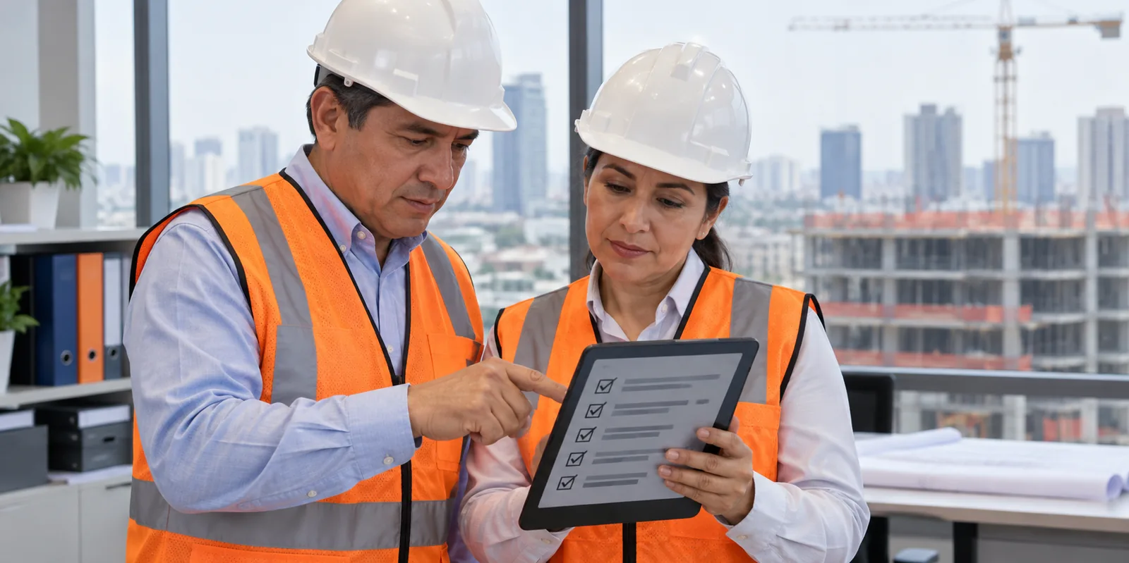 Lista de verificación en una tablet siendo revisada punto por punto por dos personas.