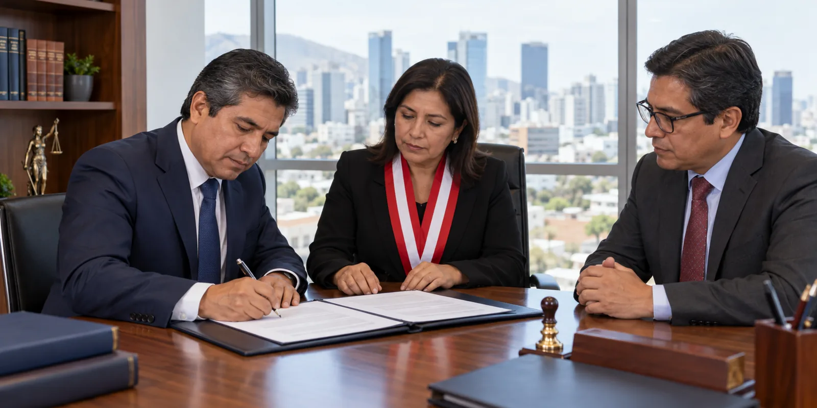 Firma del contrato de consorcio ante notario, tres personas alrededor del escritorio.