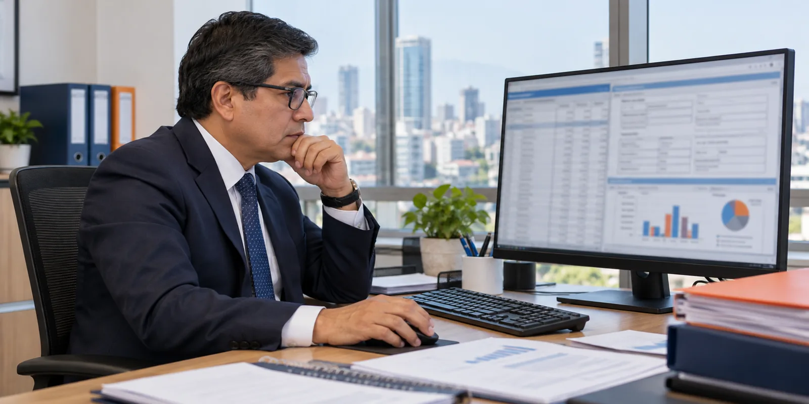 Contador revisando en su pantalla el registro tributario de un consorcio.