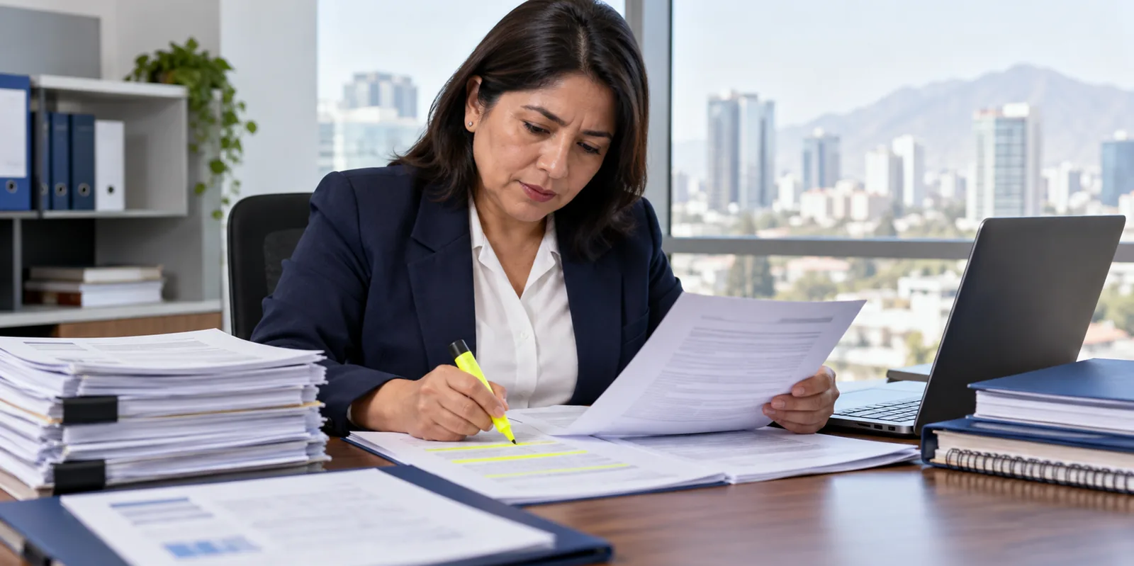 Persona leyendo las bases y marcando con resaltador los requisitos que no cumple.