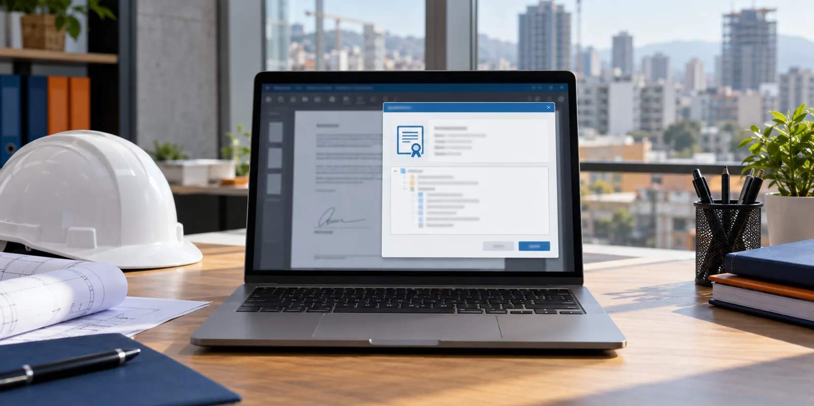 Firma digital en una laptop, con el certificado desplegado en la pantalla.