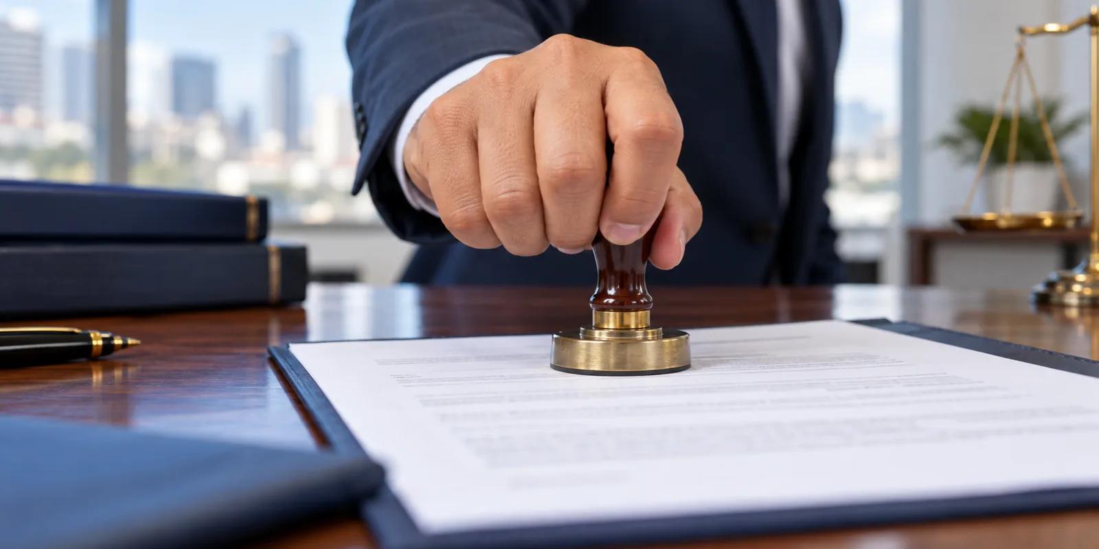 Sello notarial cayendo sobre el contrato, primer plano de la mano y el sello.