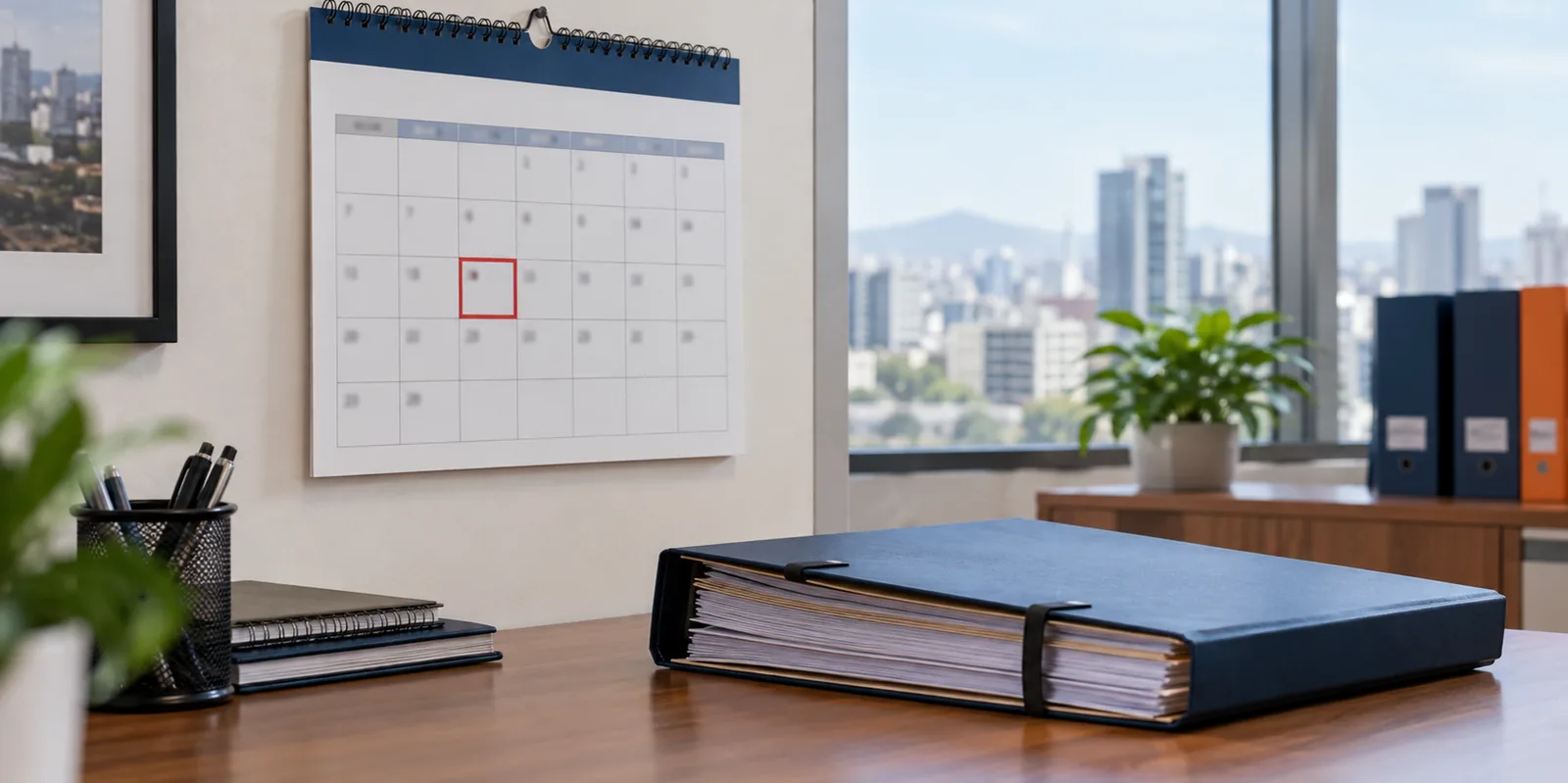 Calendario de pared con una fecha marcada y un expediente cerrado al costado.