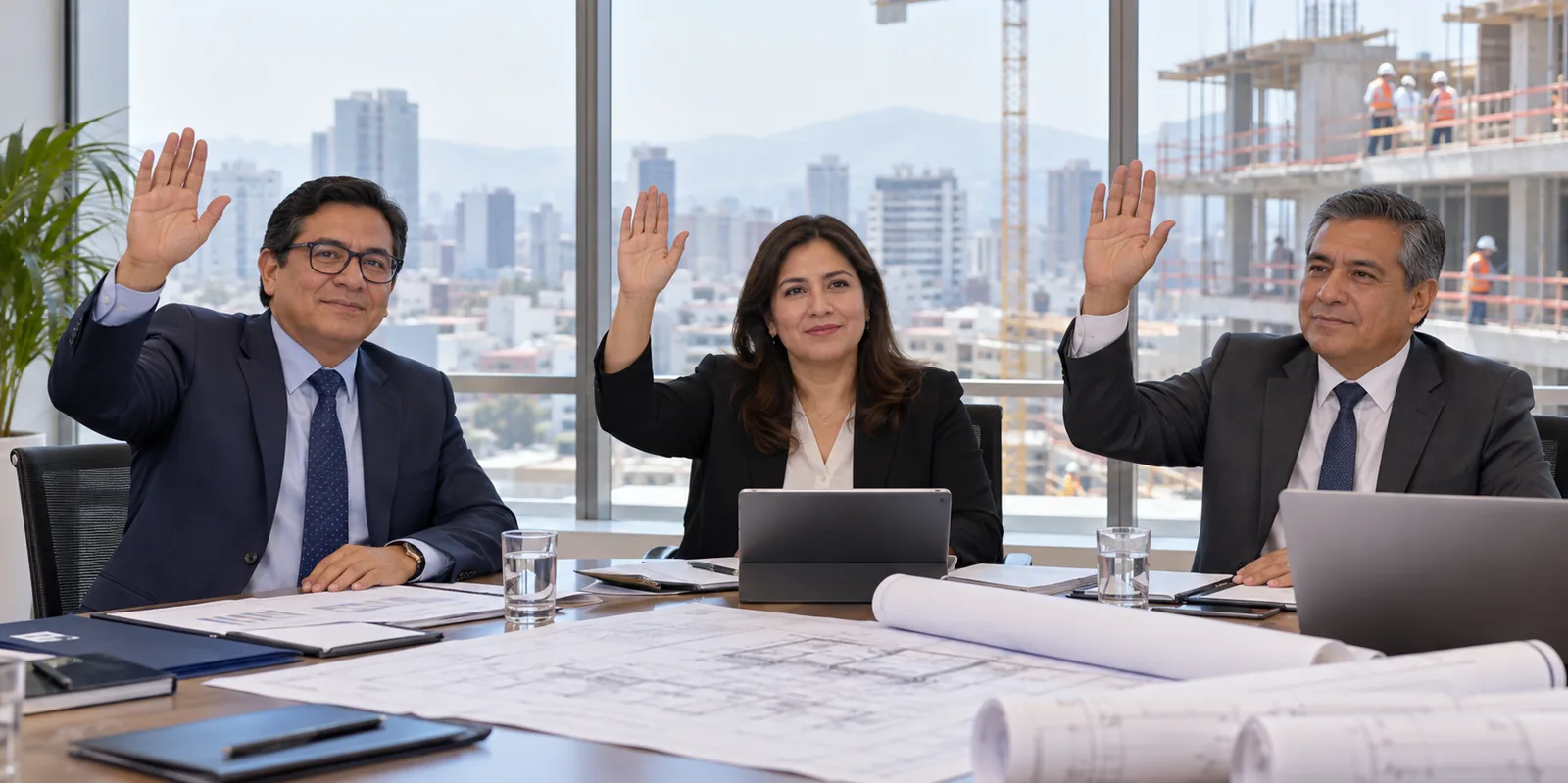 Reunión donde los tres socios levantan la mano para autorizar una decisión.