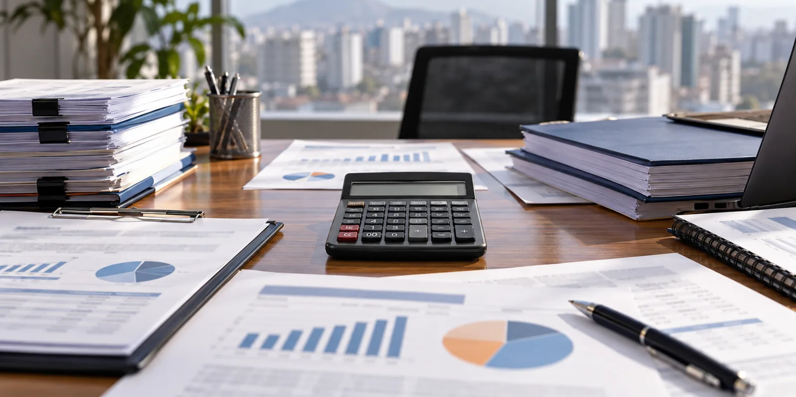 Estados financieros y constancias sobre la mesa, con una calculadora al centro.