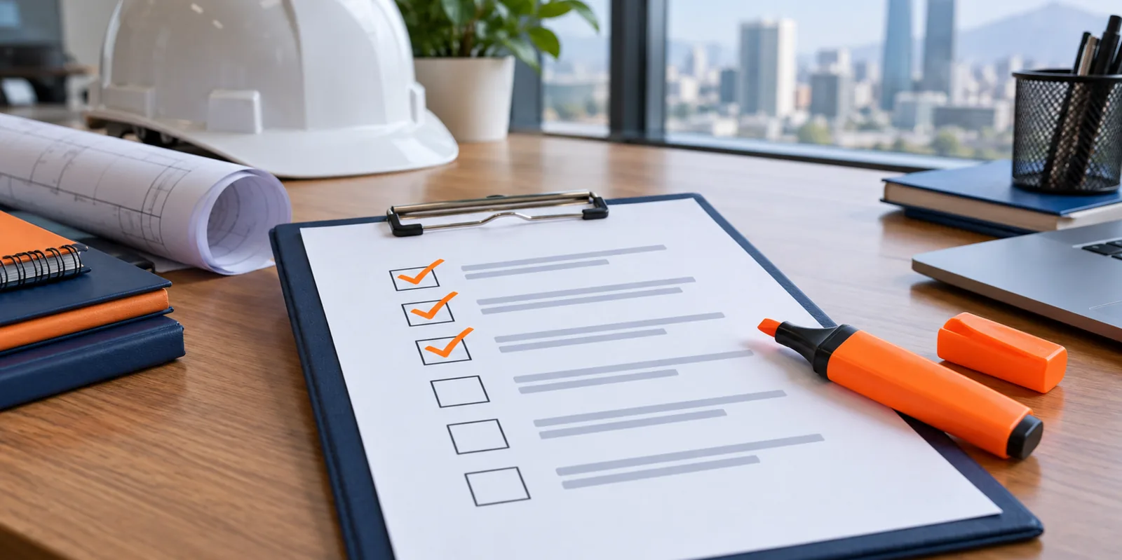 Checklist de requisitos con unos marcados y otros pendientes, junto a un resaltador.