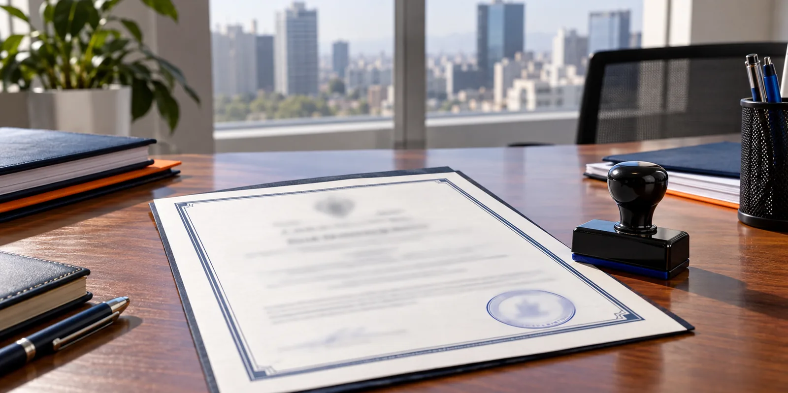 Certificado de inscripción impreso sobre el escritorio, con sello.