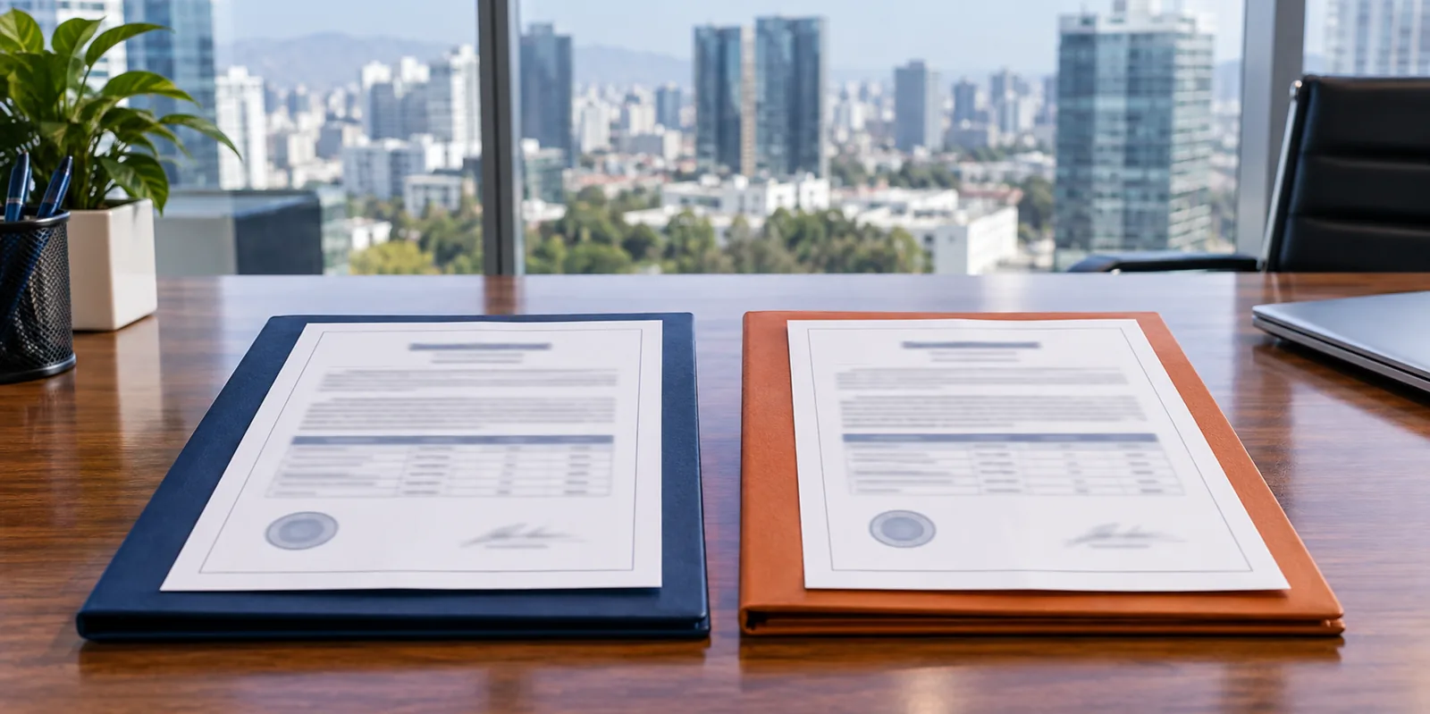 Dos carpetas, una por empresa, cada una con su propia constancia de registro encima.