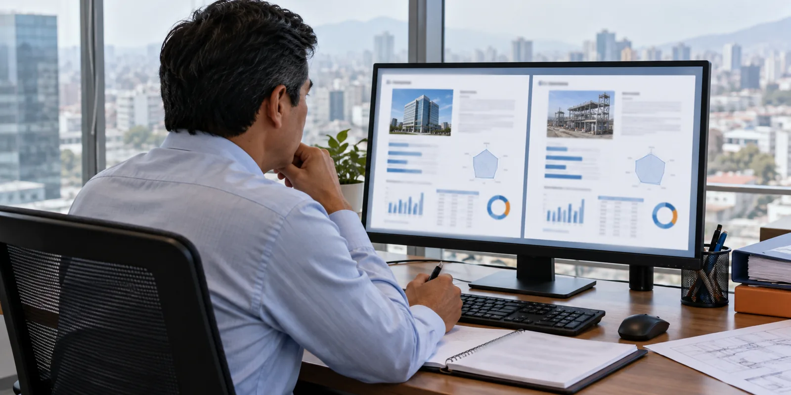 Ingeniero comparando en pantalla dos perfiles de empresa según su especialidad.