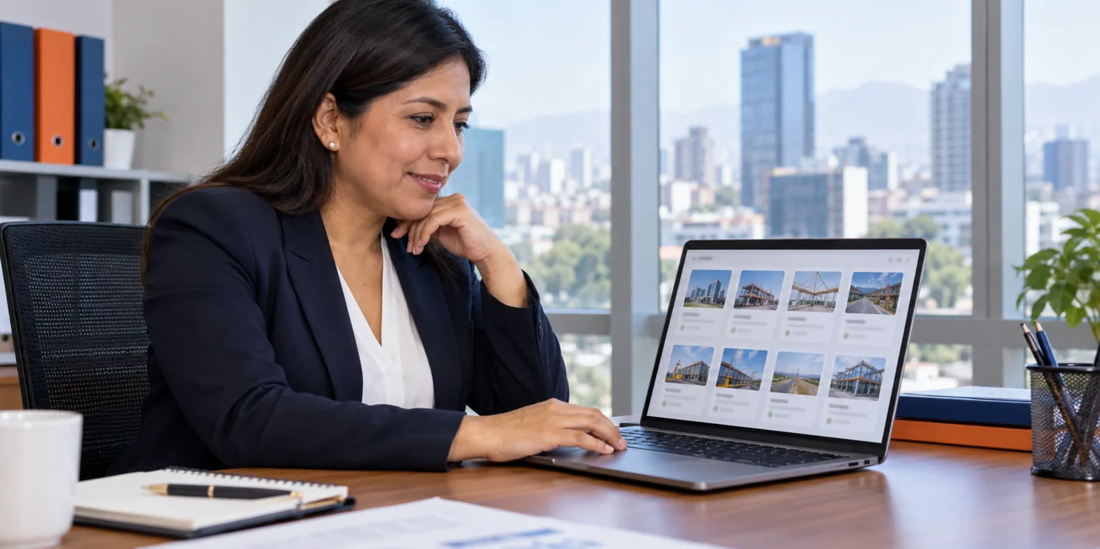 Persona revisando en una laptop una cartera de empresas aliadas, con fichas en pantalla.