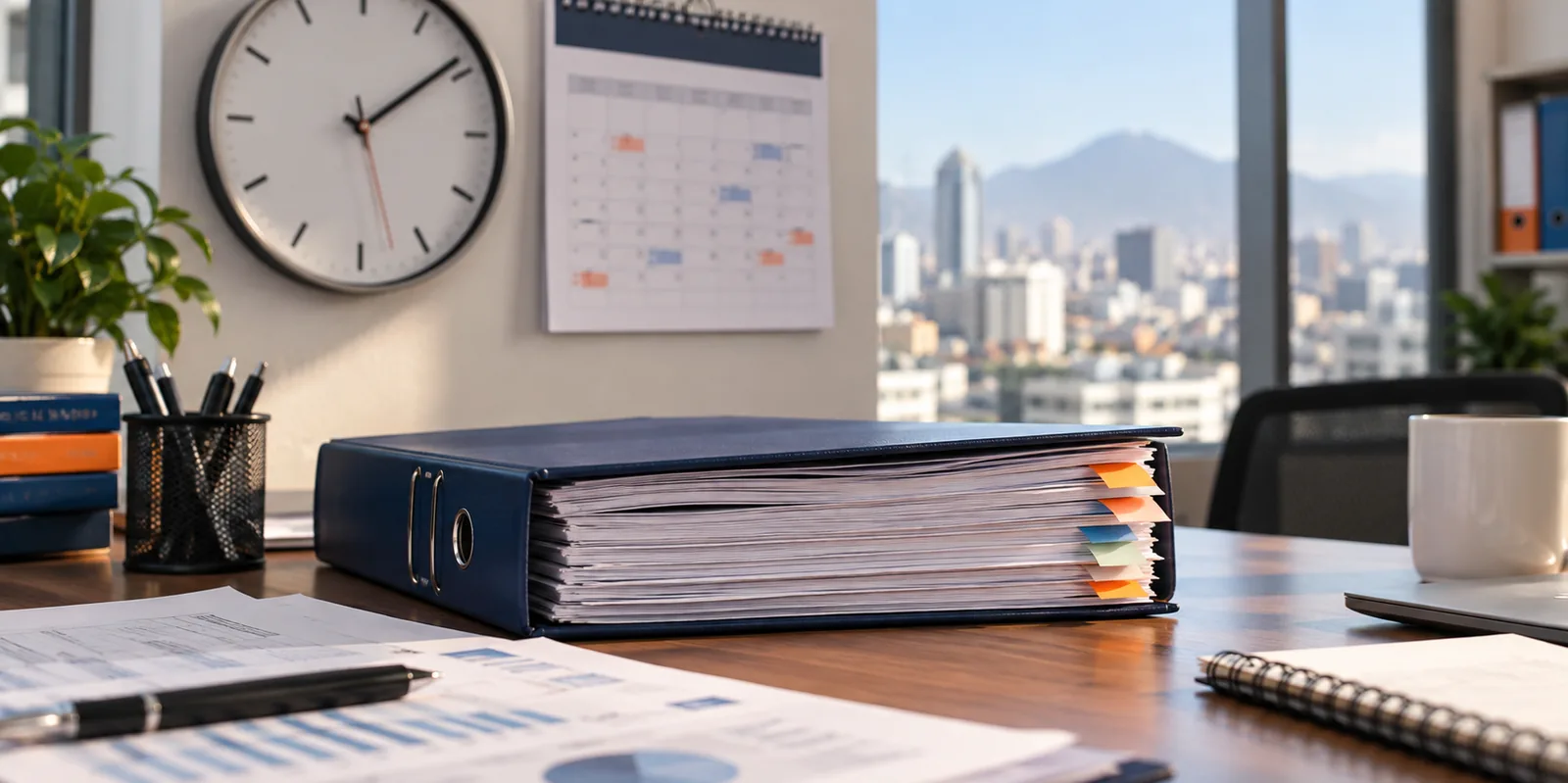 Reloj de pared y calendario junto a un expediente: la presión del plazo antes del cierre.
