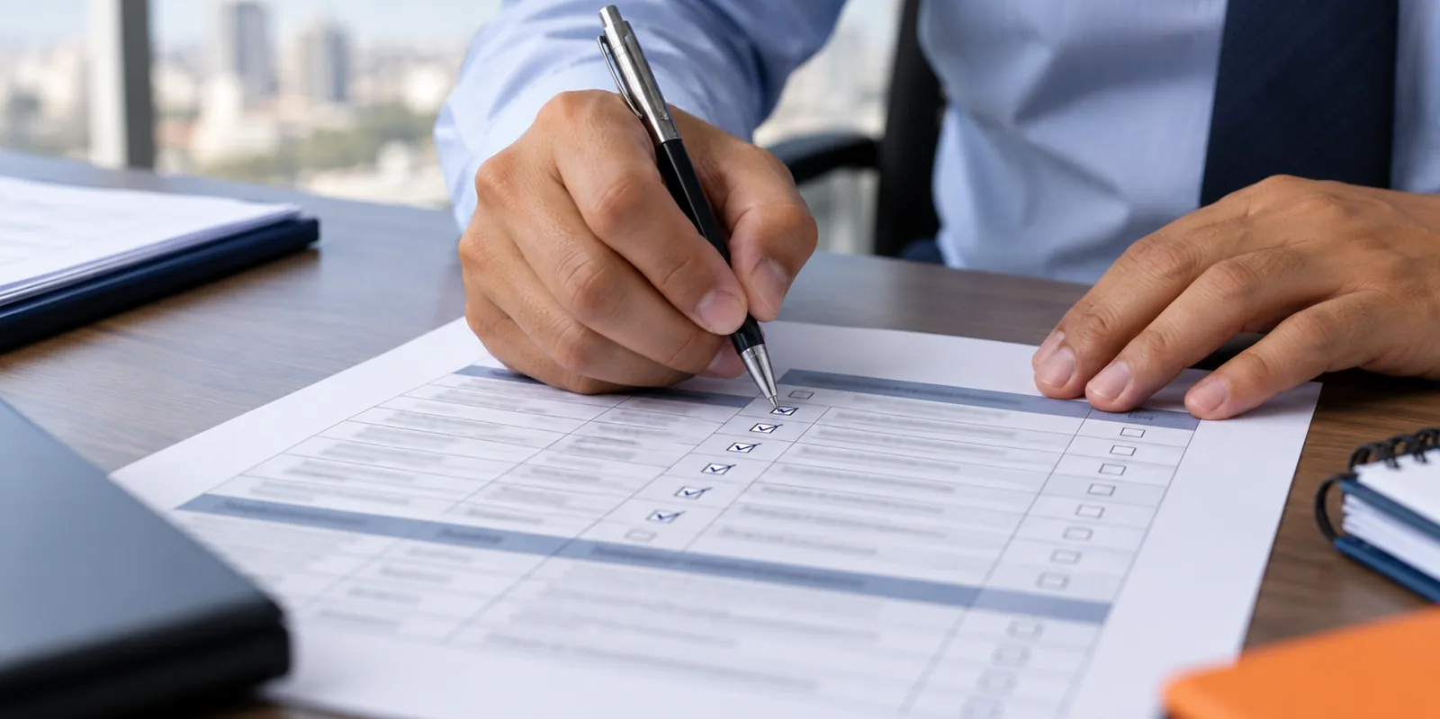 Matriz de evaluación impresa con casillas marcadas una a una.