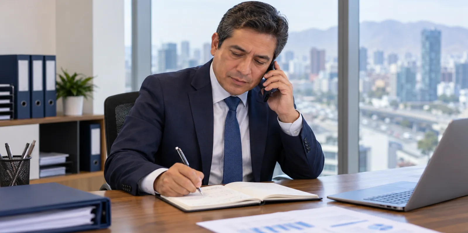Ejecutivo pidiendo referencias por teléfono mientras toma notas en su cuaderno.