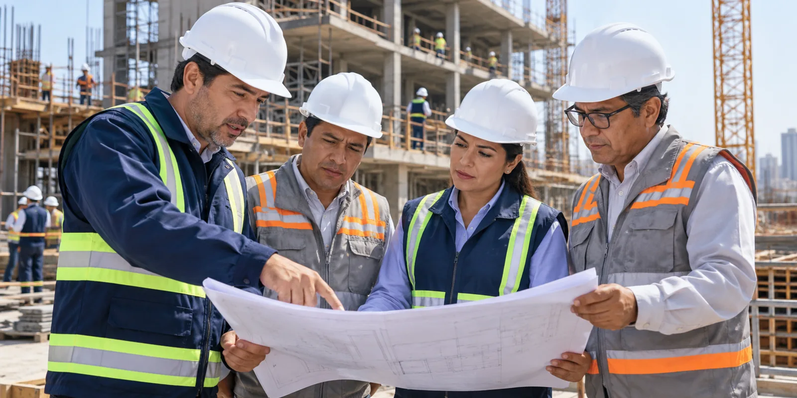 Equipo mixto en obra: unos con uniforme de empresa grande y otros de la constructora pequeña.
