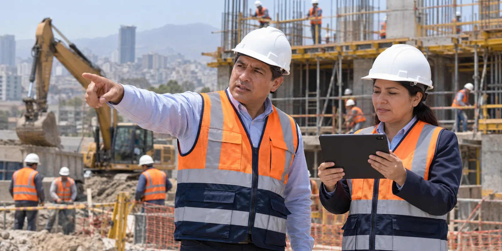 Residente dirigiendo el frente de obra mientras un colega documenta con la tablet.