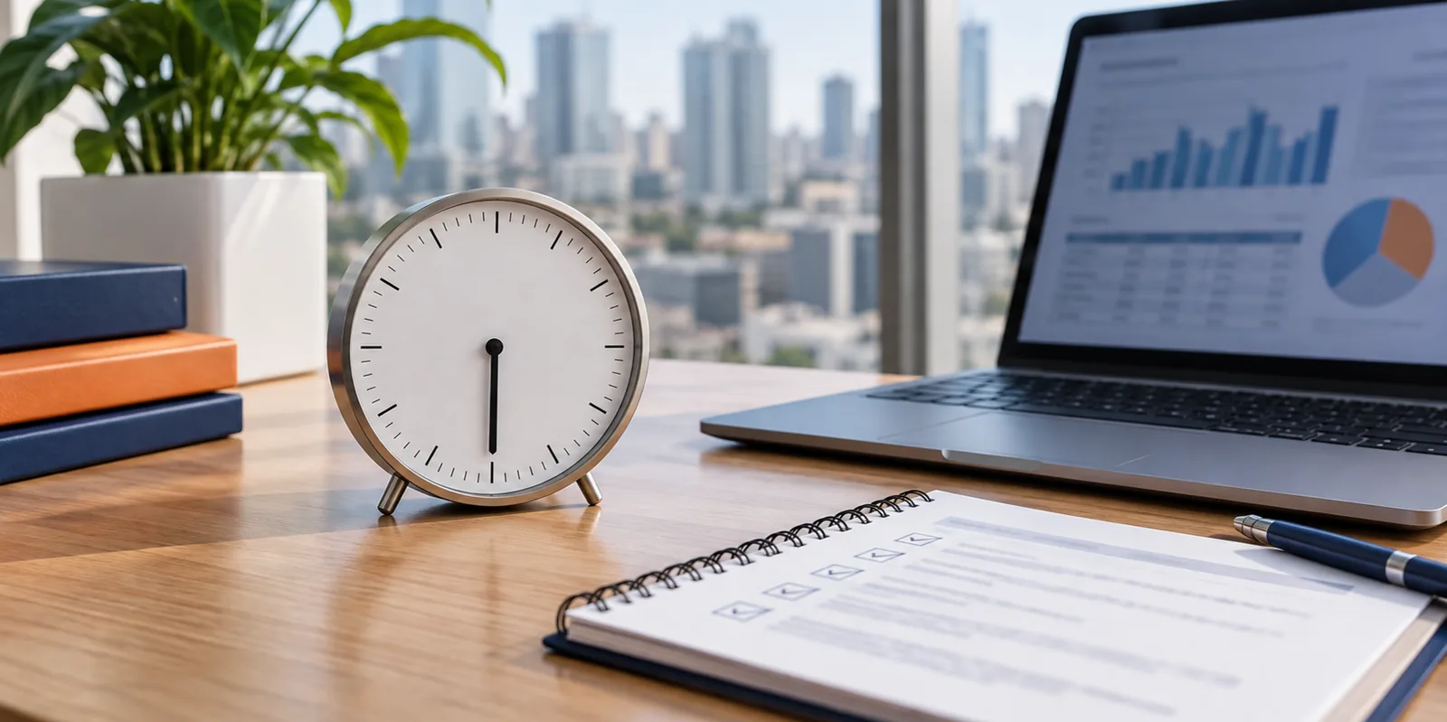 Reloj marcando media hora junto a una laptop y un cuaderno de verificación.