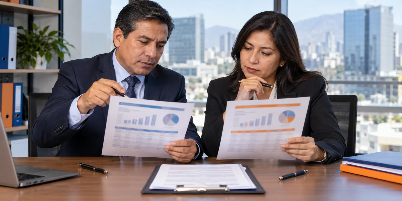 Dos ejecutivos comparando la calificación de dos empresas antes de firmar.