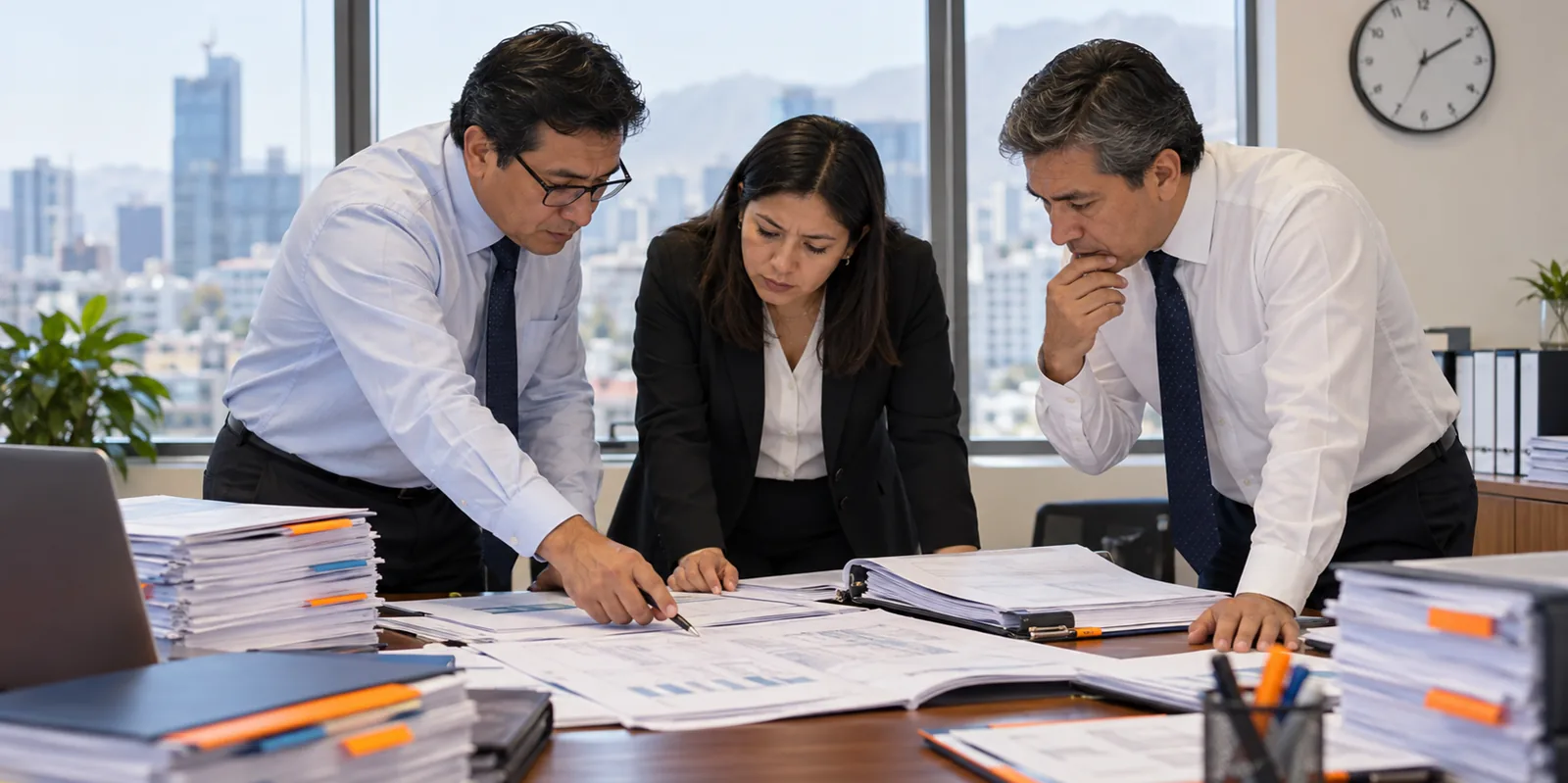 Equipo revisando el expediente contrarreloj antes de presentarlo, de pie alrededor de la mesa.