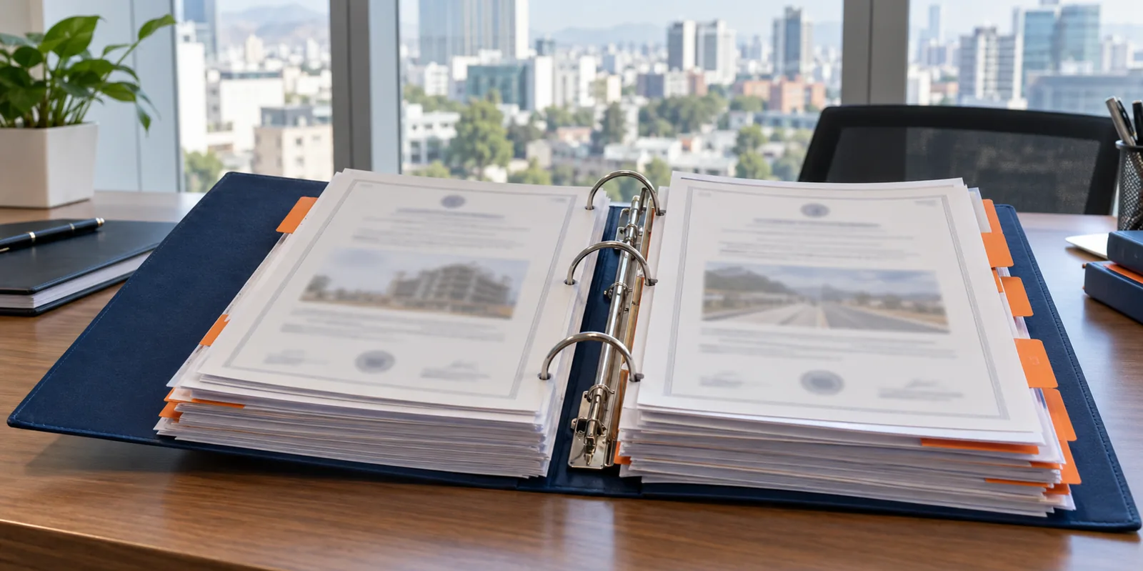 Constancias de varias obras acumuladas y ordenadas en un archivador.