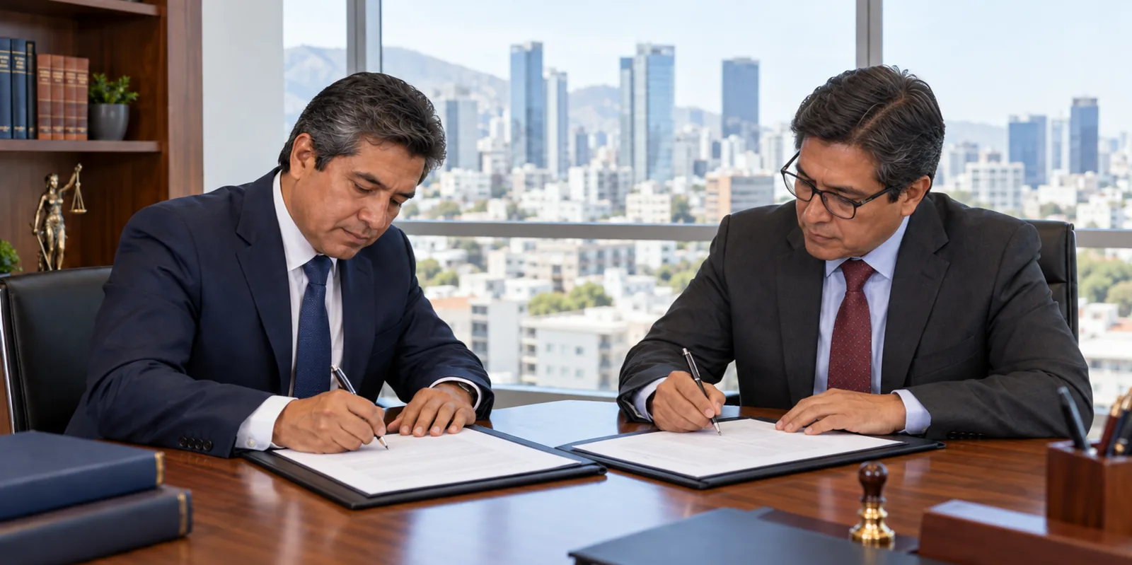 Los mismos dos socios firmando un segundo contrato, en la misma oficina, años después.