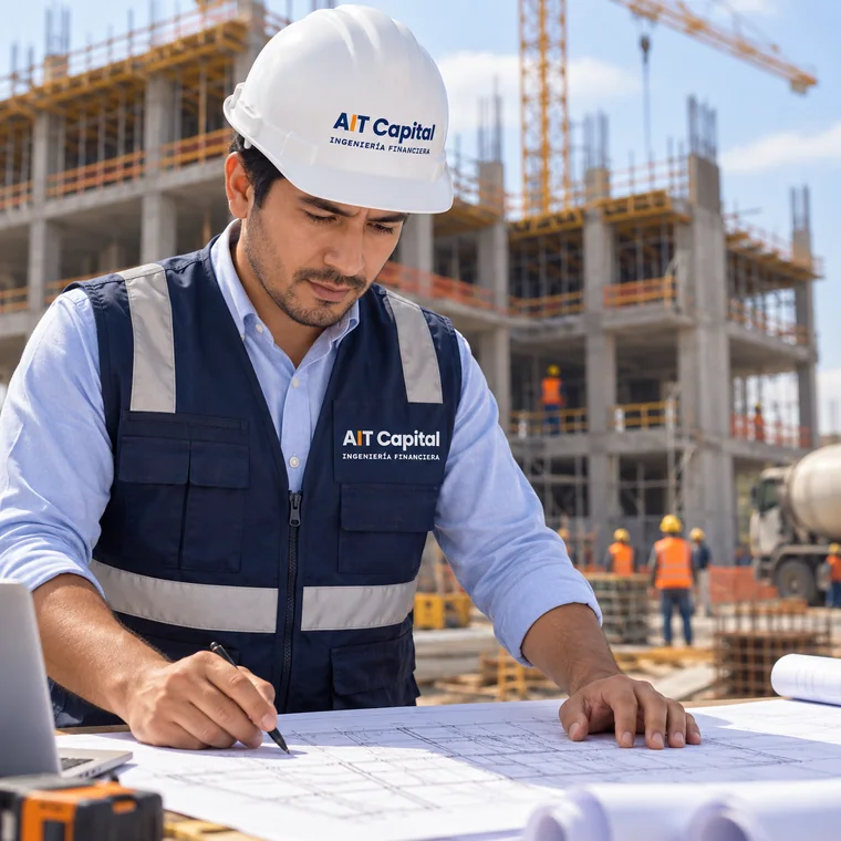Ingeniero revisando planos frente a la obra