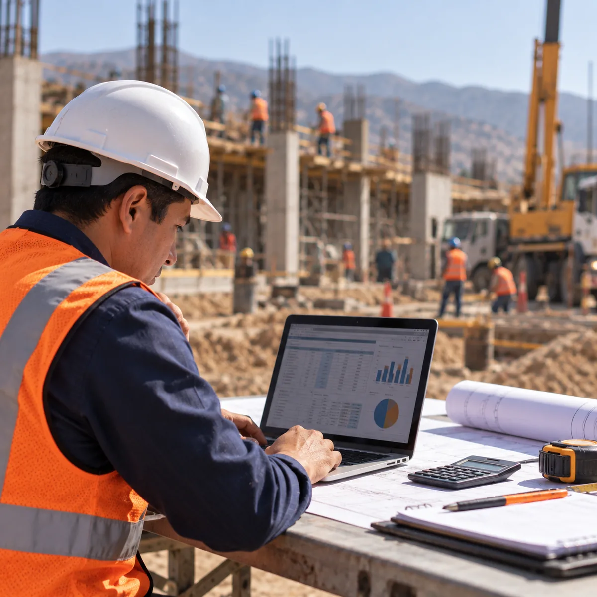 Ingeniero revisando los números en obra