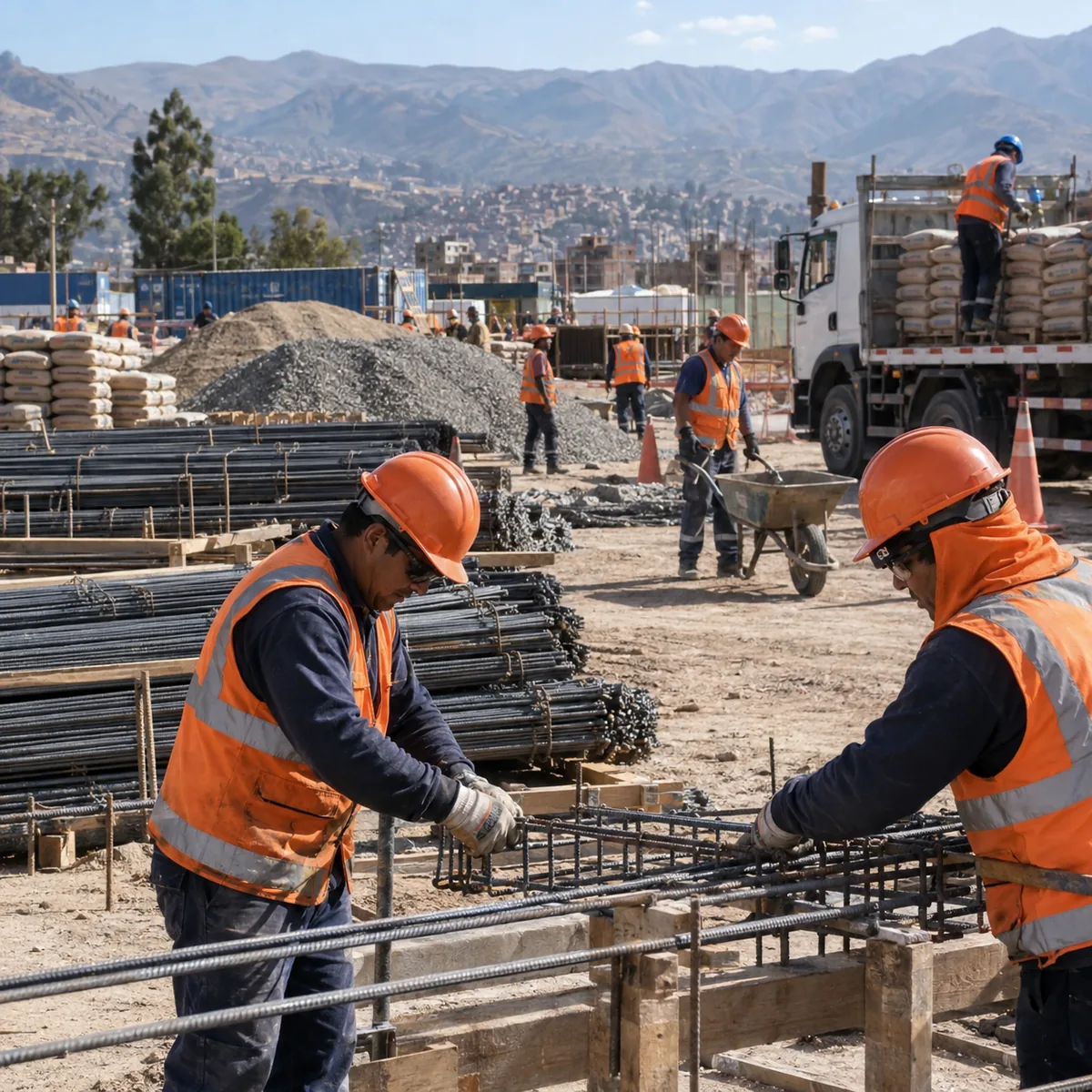 Cuadrilla habilitando acero en obra
